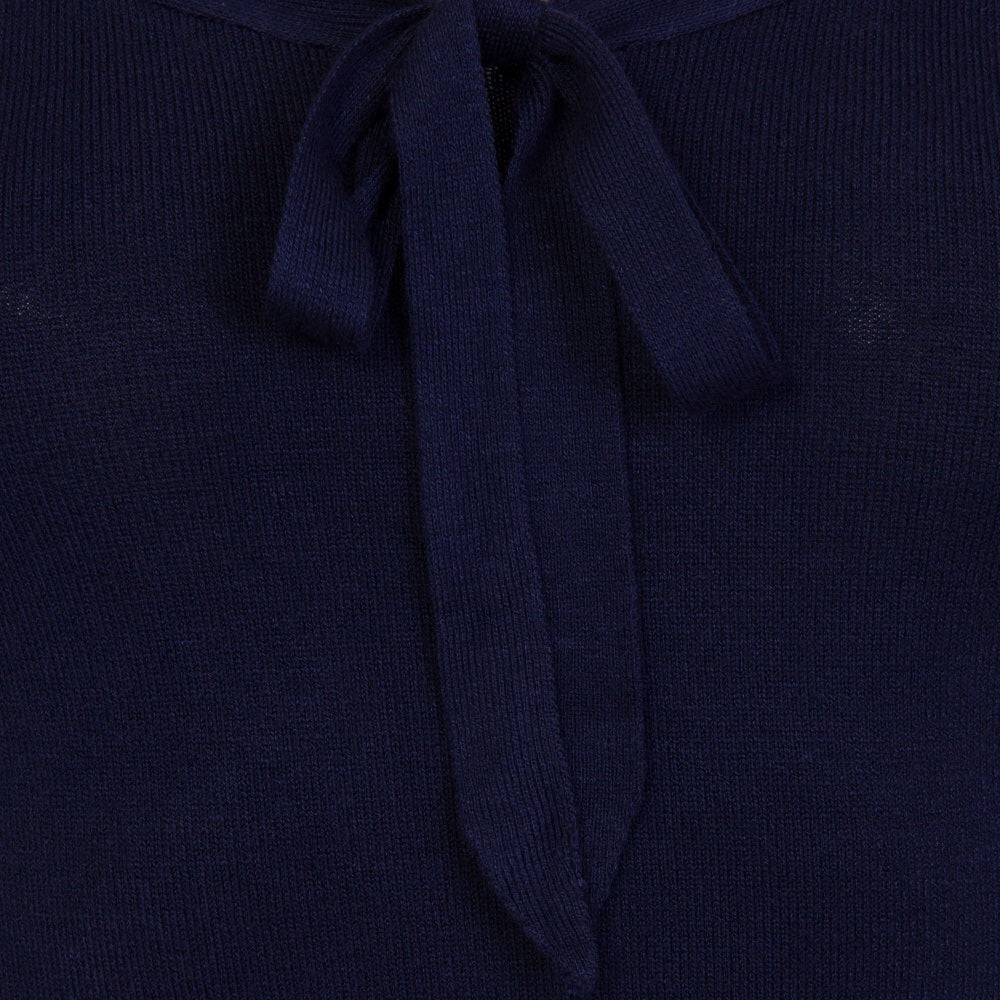 3/4 Sleeve Midnight Blue Stretch Bardot Bow Top Jumper