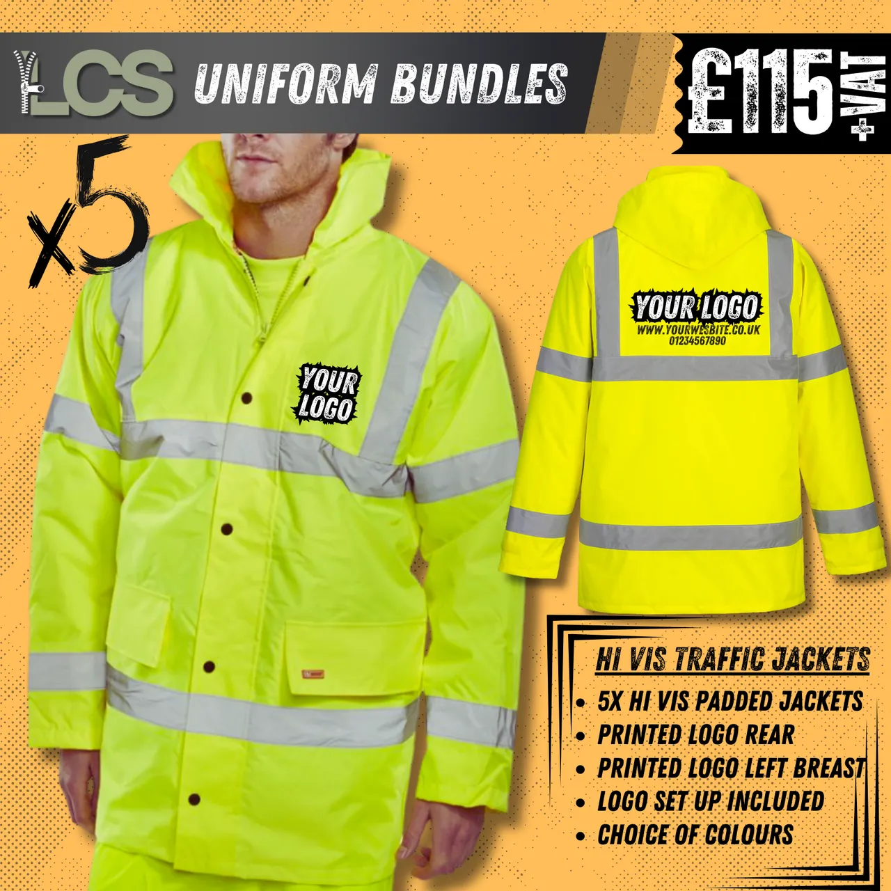 5x Hi Vis Insulated Jackets With Printed Logo