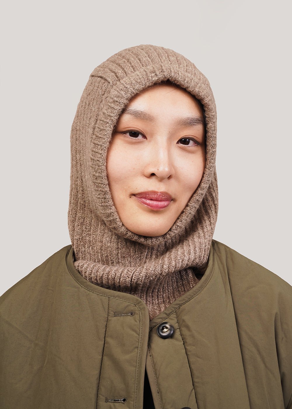 Beige Ribbed Knit Balaclava