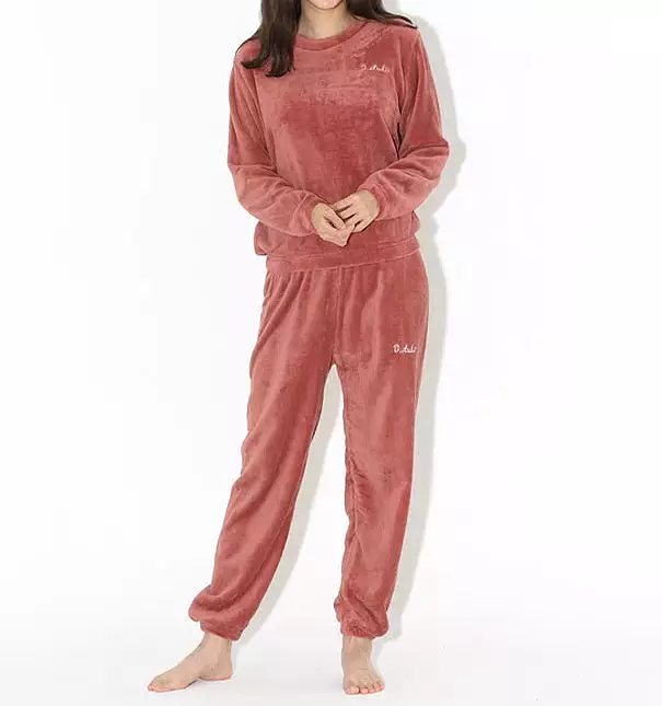 Casual Microfiber Night Homewear Pajamas Cute Shearling Tops Pants SET Womens Korean K-pop Style Winter Fleece Warm Soft Suits L