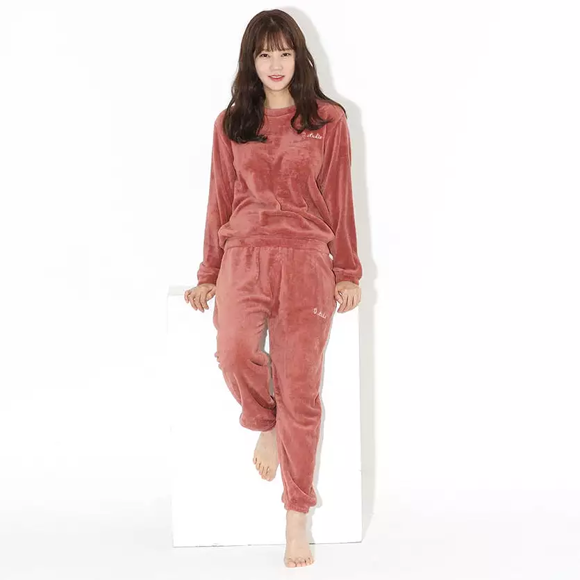 Casual Microfiber Night Homewear Pajamas Cute Shearling Tops Pants SET Womens Korean K-pop Style Winter Fleece Warm Soft Suits L