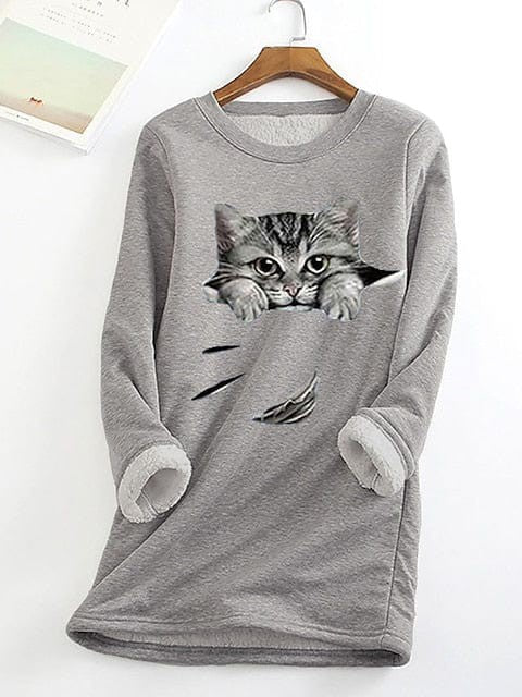 Cozy Plus Size Cat Street Casual Sweatshirt with Teddy Sherpa Fleece