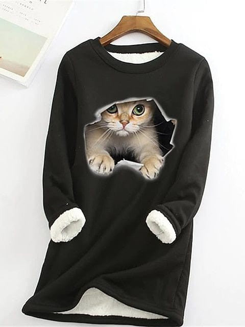 Cozy Plus Size Cat Street Casual Sweatshirt with Teddy Sherpa Fleece