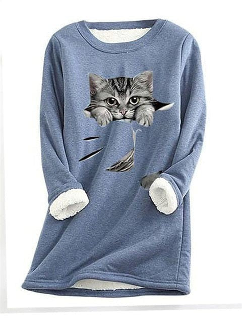 Cozy Plus Size Cat Street Casual Sweatshirt with Teddy Sherpa Fleece