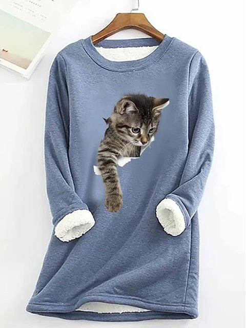 Cozy Plus Size Cat Street Casual Sweatshirt with Teddy Sherpa Fleece