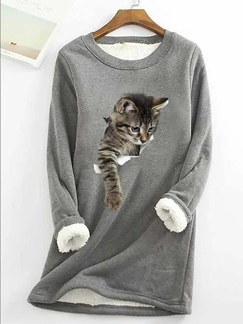 Cozy Plus Size Cat Street Casual Sweatshirt with Teddy Sherpa Fleece