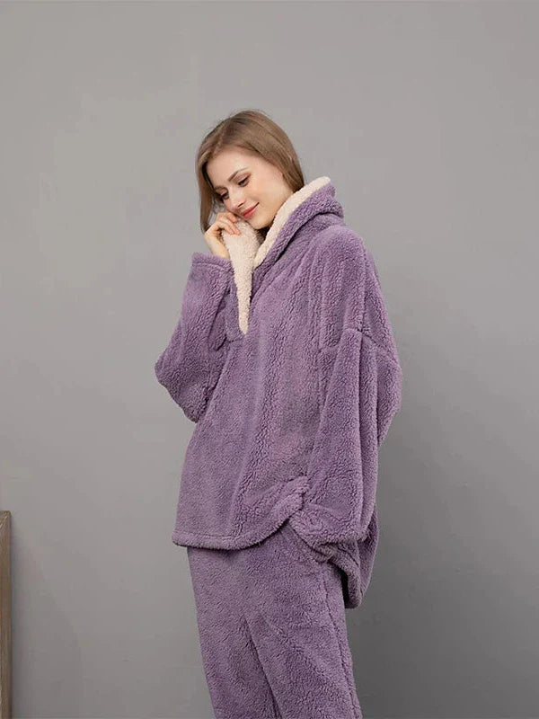 Cozy Women's Plush Fleece Pajama Sets in Gray, Purple & Lace-Up Options