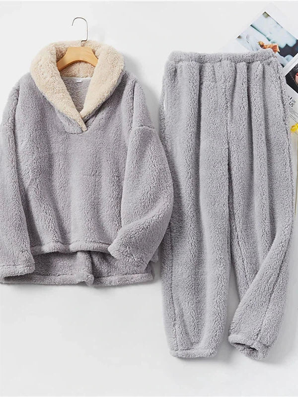 Cozy Women's Plush Fleece Pajama Sets in Gray, Purple & Lace-Up Options