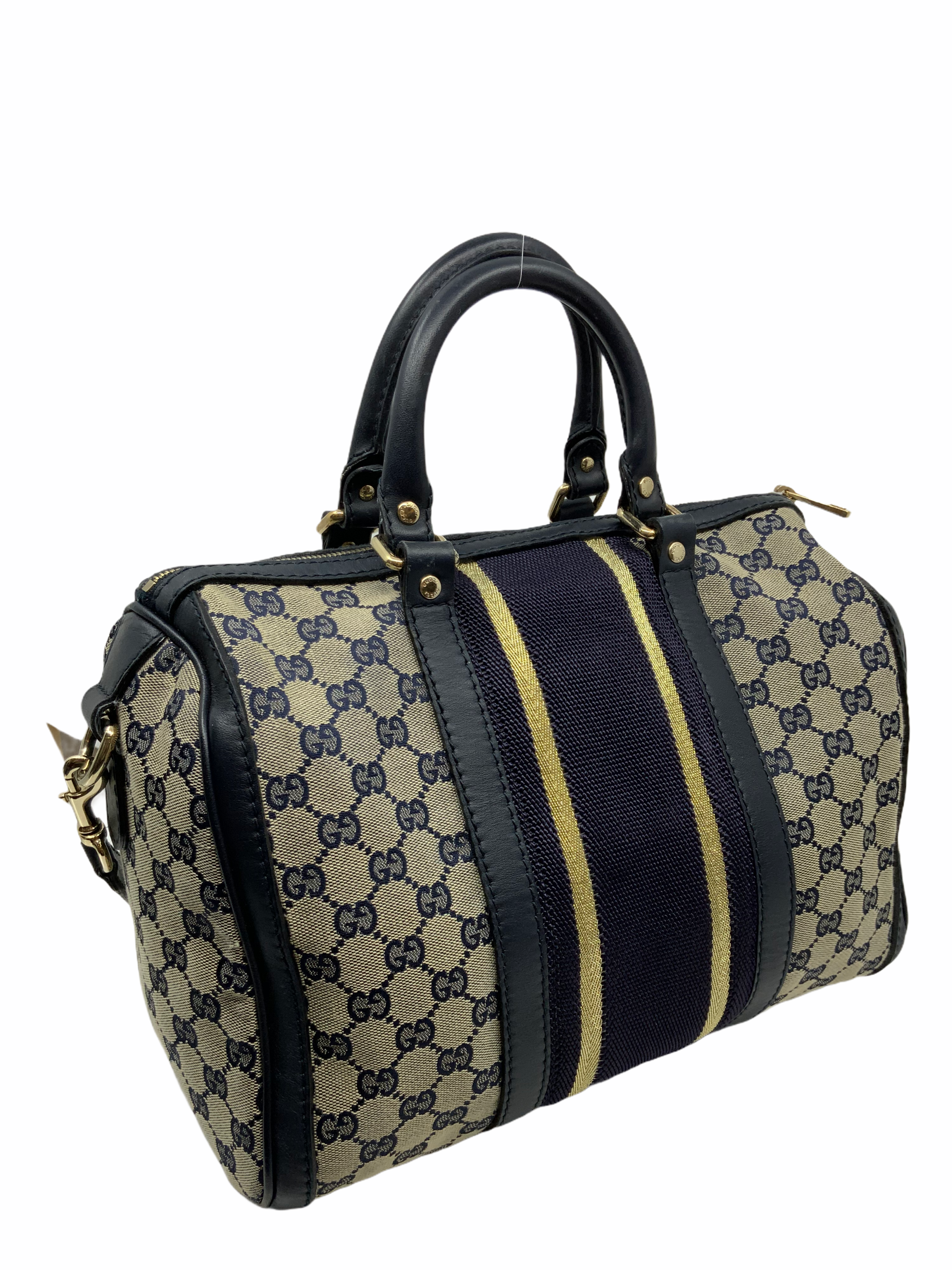 Gucci Monogram Canvas Web Boston Bag with Shoulder Strap