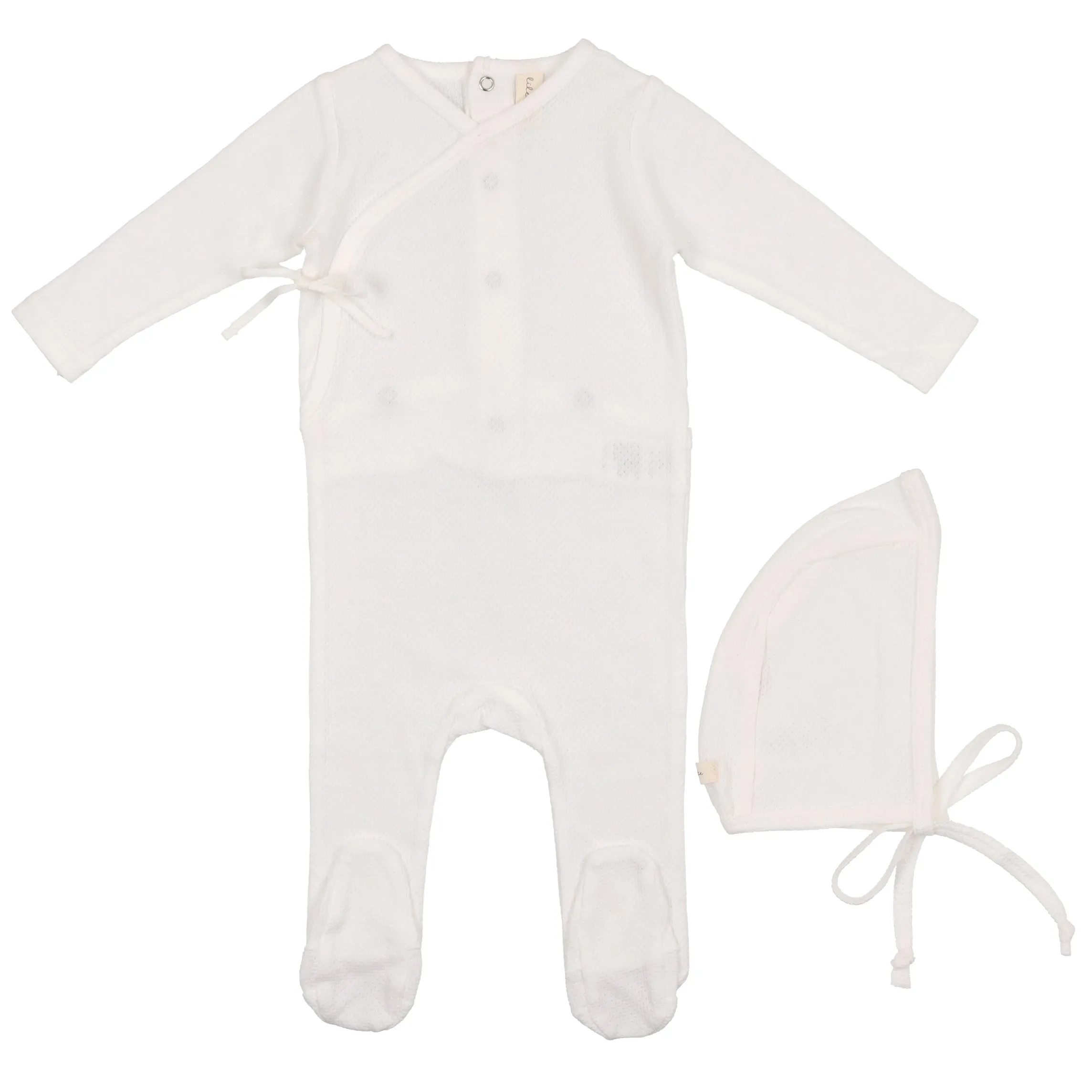 Lilette Winter White Pointelle Wrapover Stretchie and Bonnet- Boy