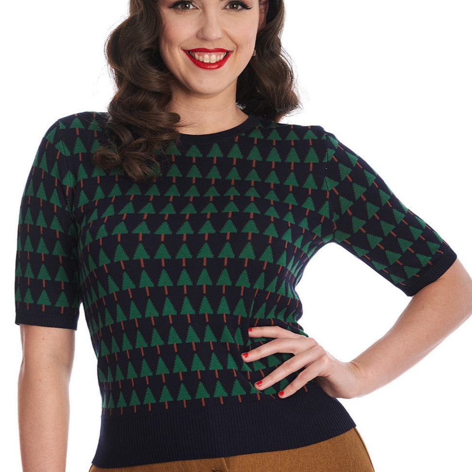 Navy Short Sleeve Jumper With Christmas Tree Design