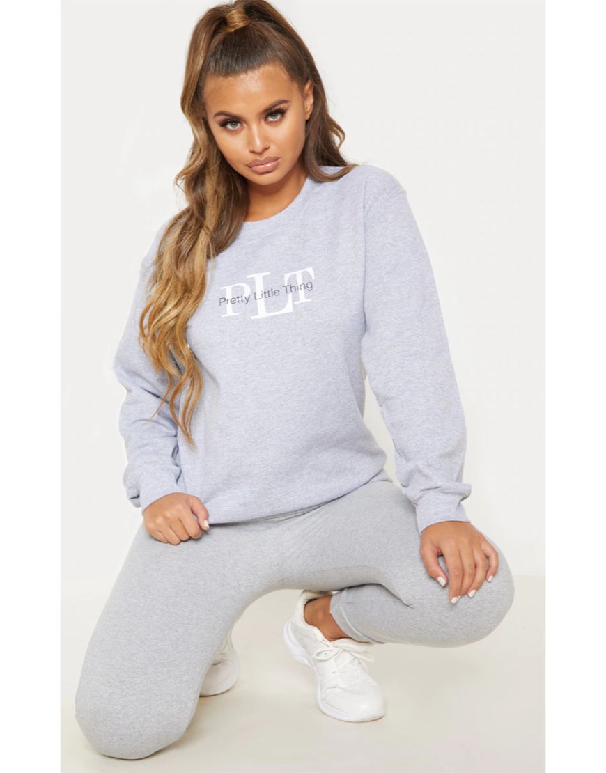 Pretty Little Thing Print Sweatshirt Fleece Pale Grey