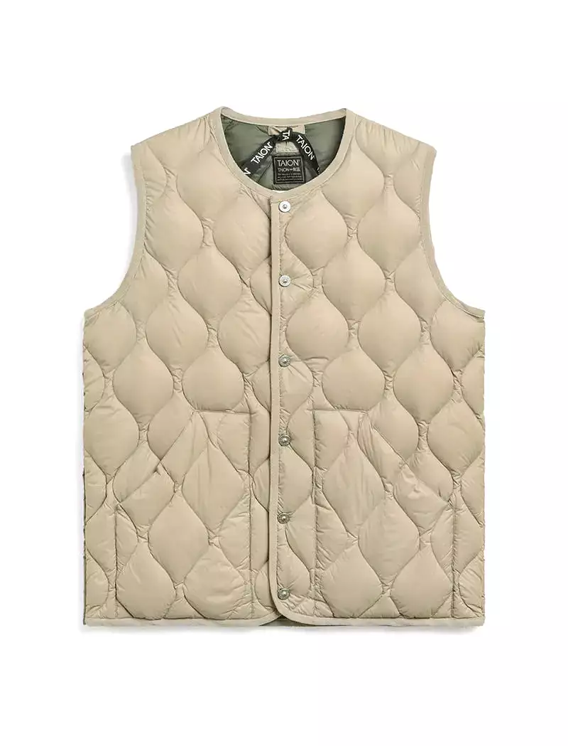 Taion Womens Military Crew Neck Down Vest Soft Shell Grey Beige