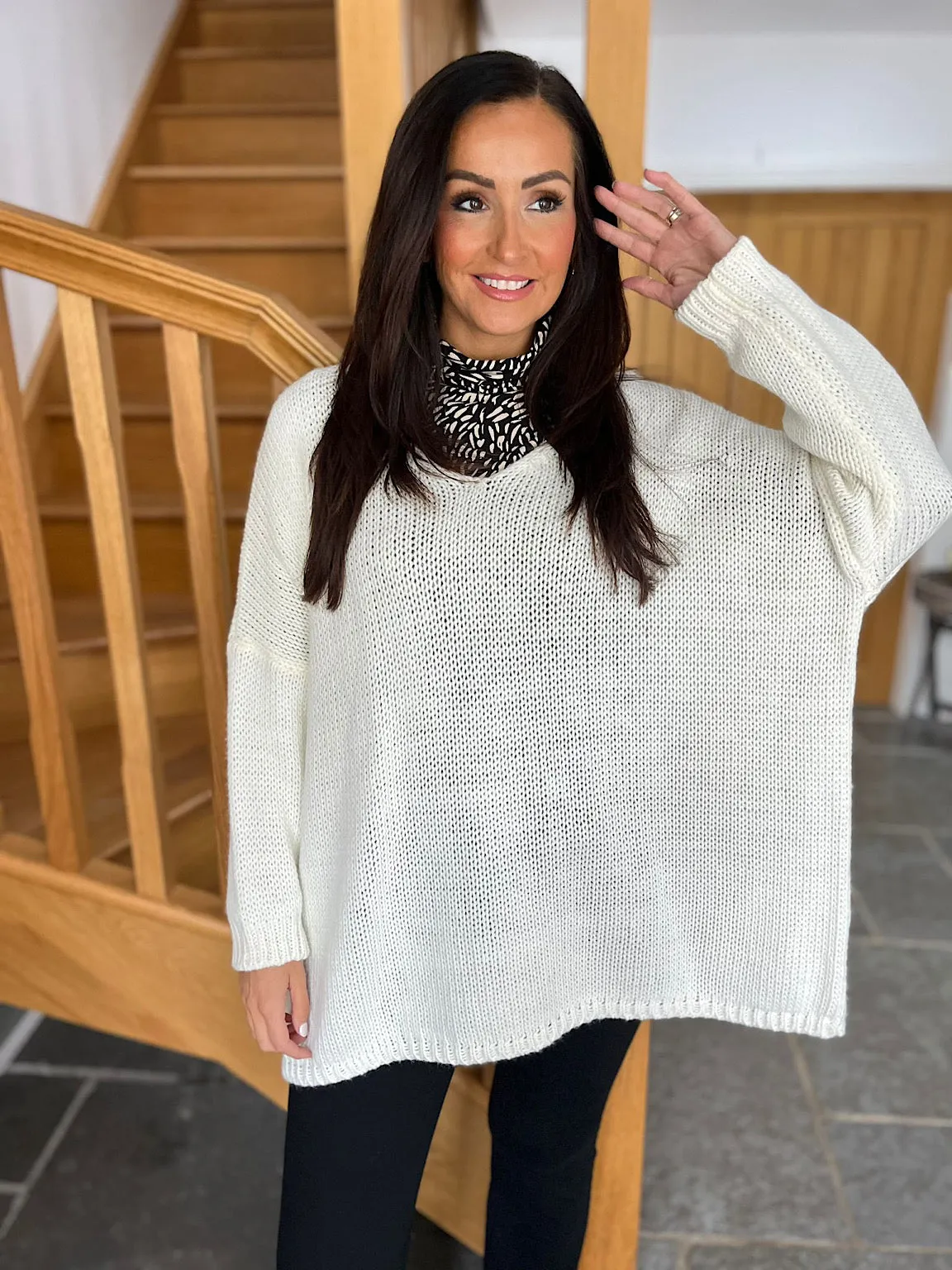 Winter White V Neck Knitted Jumper Jessica