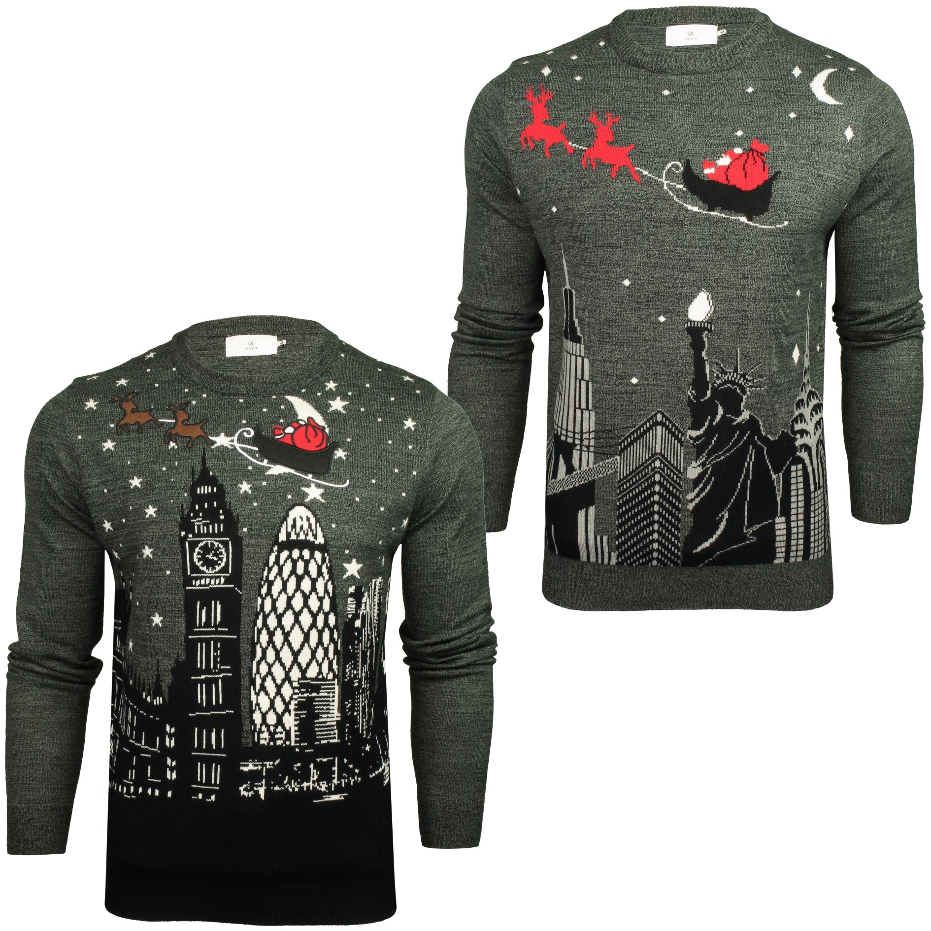 Xact Mens City Scape Christmas Jumper - London Or New York Santa Sleigh Scene